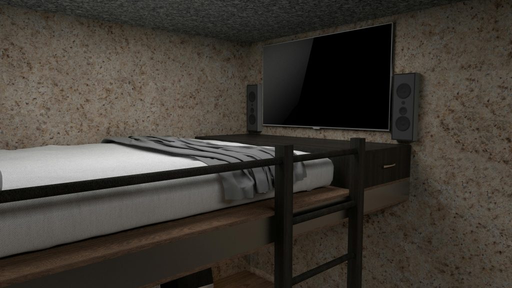 Chambre de loft moderne et confortable avec un écran plat et un design de mobilier épuré.