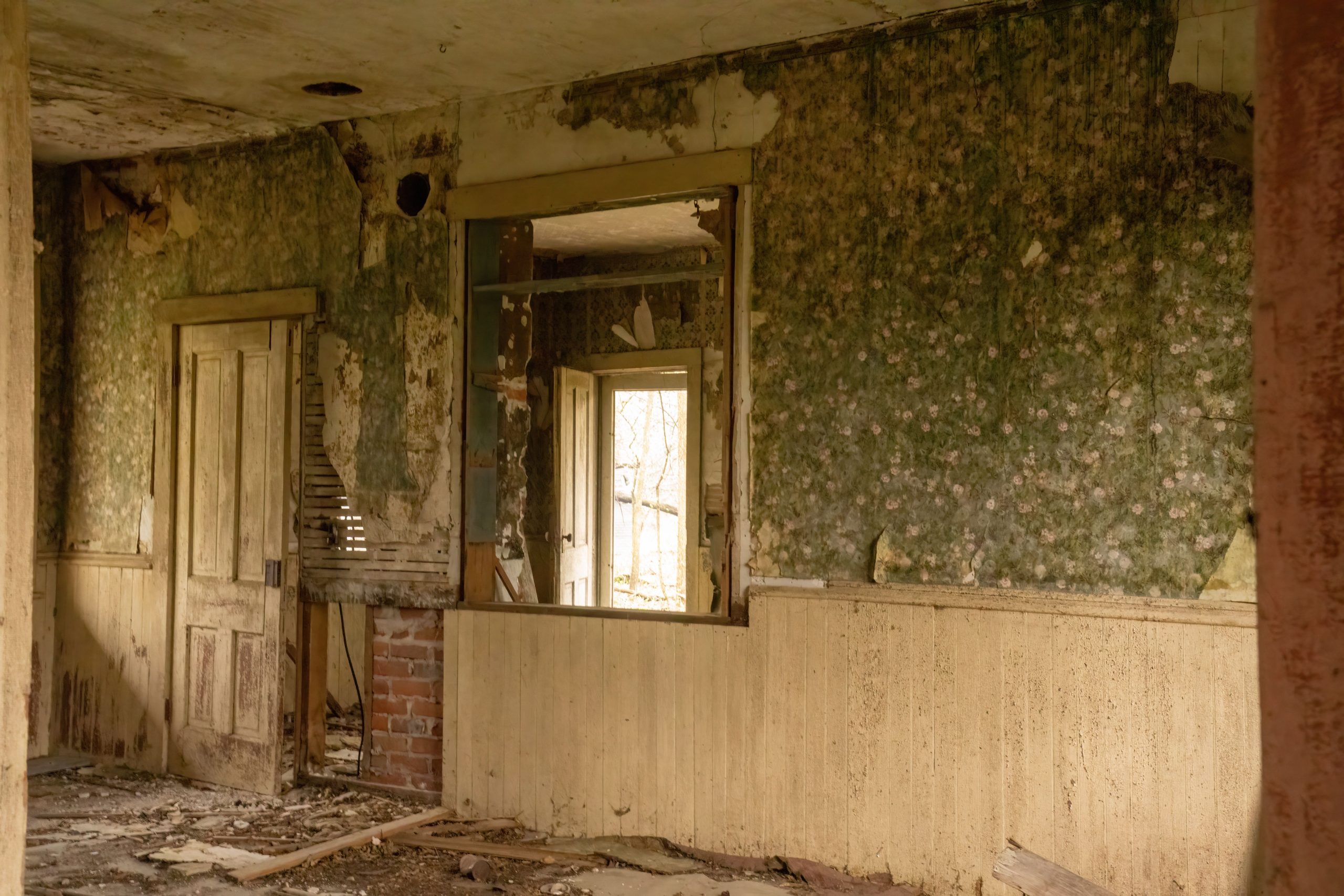 Intérieur délabré maison abandonnée papier peint décollé