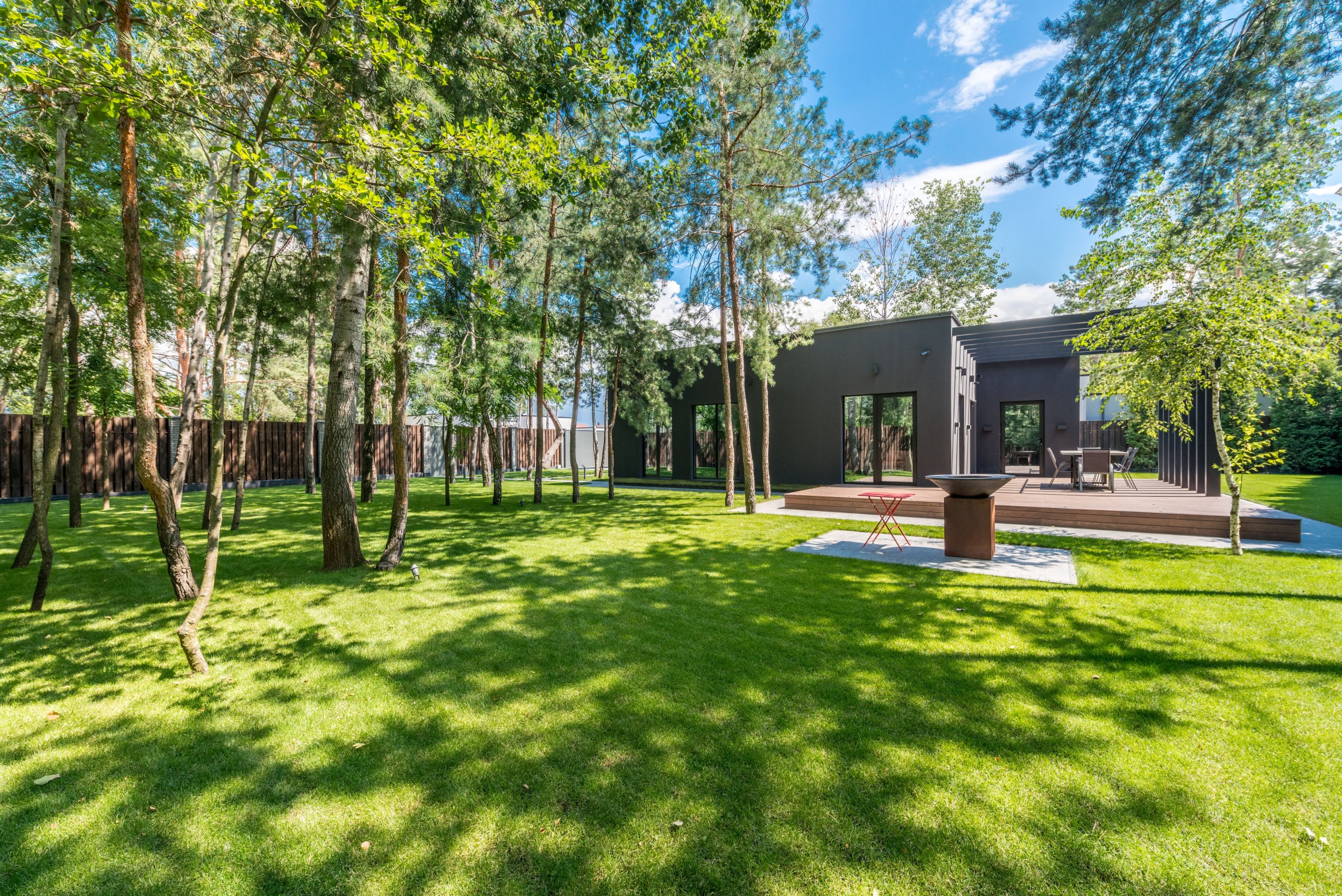 Maison contemporaine avec arbres jardin